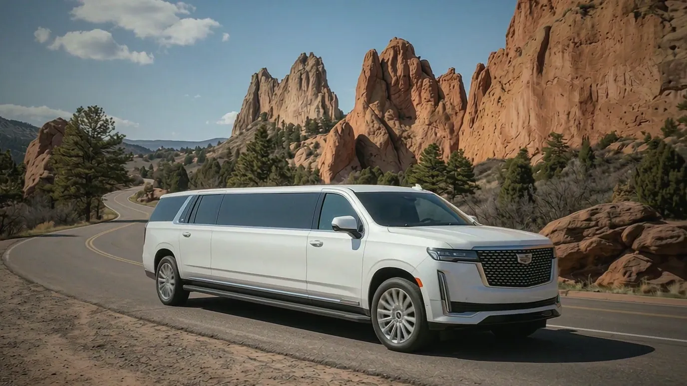 Laramie white Cadillac Escalade 20 passenger stretch limo