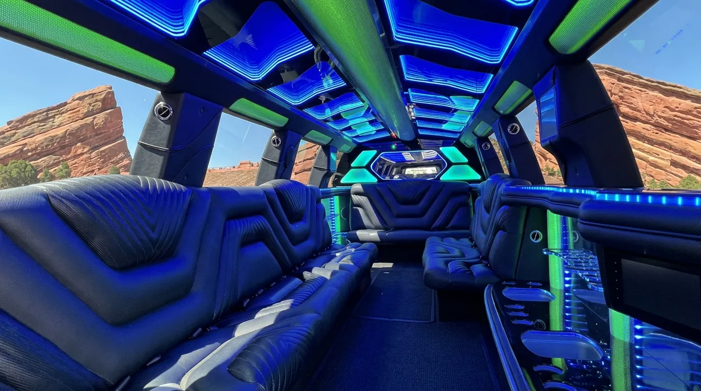 Inside the Chevy Suburban limo in Laramie: LED light-show ceiling, leather lounge seating and lit bar