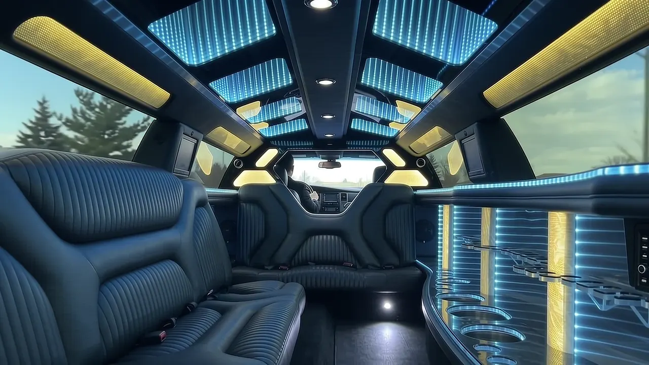 Inside the Dodge Charger limo in Laramie: LED light-show ceiling, leather lounge seating and lit bar
